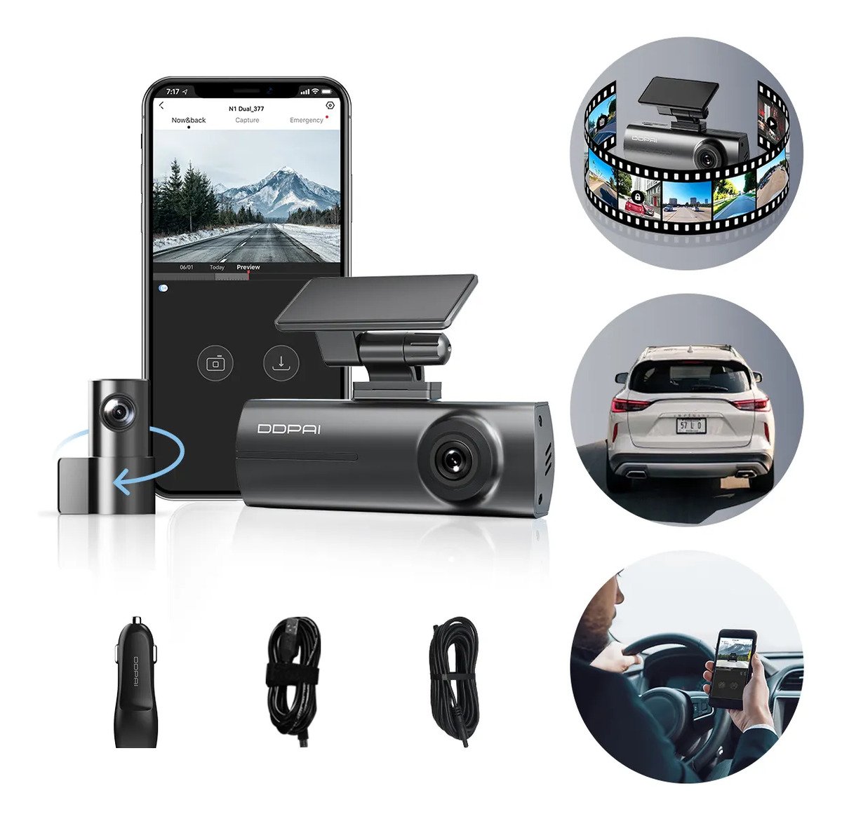 Câmera veicular DDPAI N1 Dual com câmera frontal e traseira