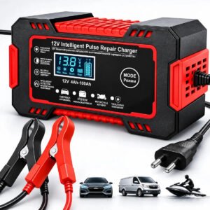 Carregador inteligente de bateria automotiva Woosh 12V 6A com garras vermelha e preta