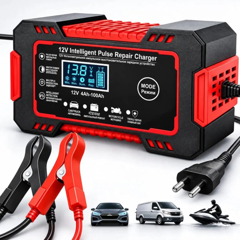 Carregador inteligente de bateria automotiva Woosh 12V 6A com garras vermelha e preta