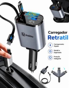 Carregador veicular turbo 120W com duas portas e cabos retráteis