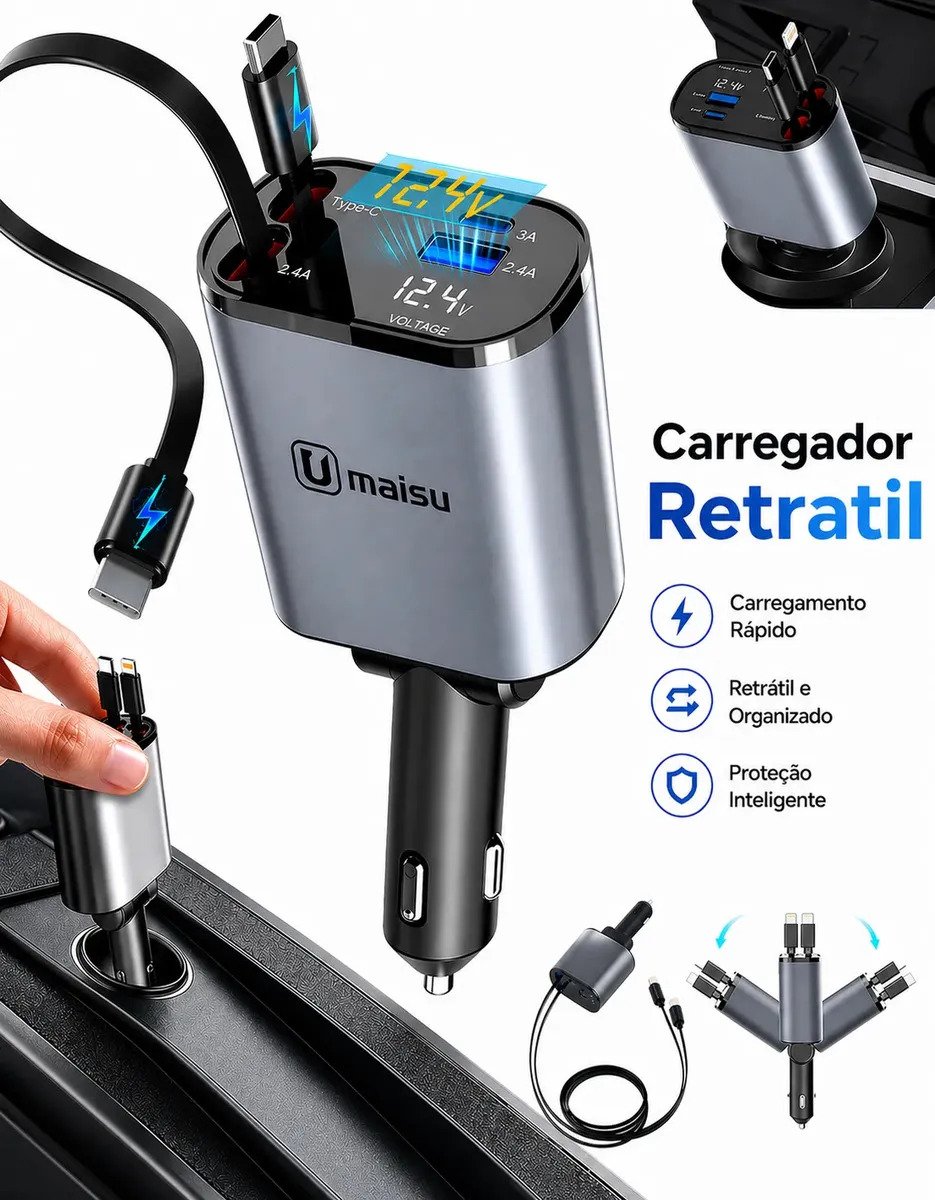 Carregador veicular turbo 120W com duas portas e cabos retráteis