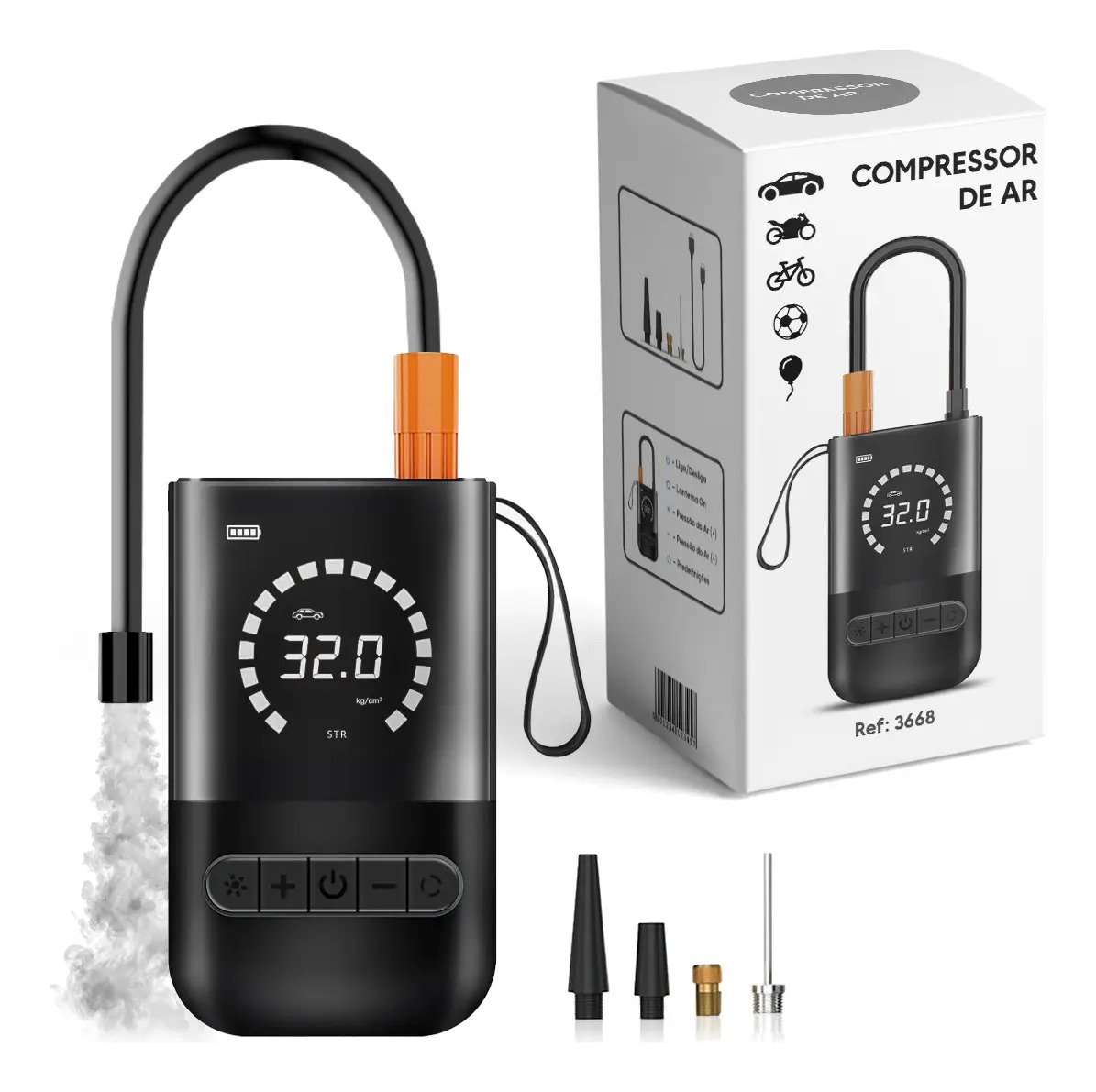 Compressor de ar portátil digital Lumi 150 psi preto com visor e bicos
