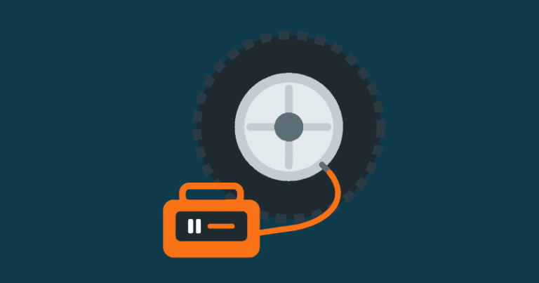 Ilustração de um compressor de ar portátil ligado ao pneu de um carro