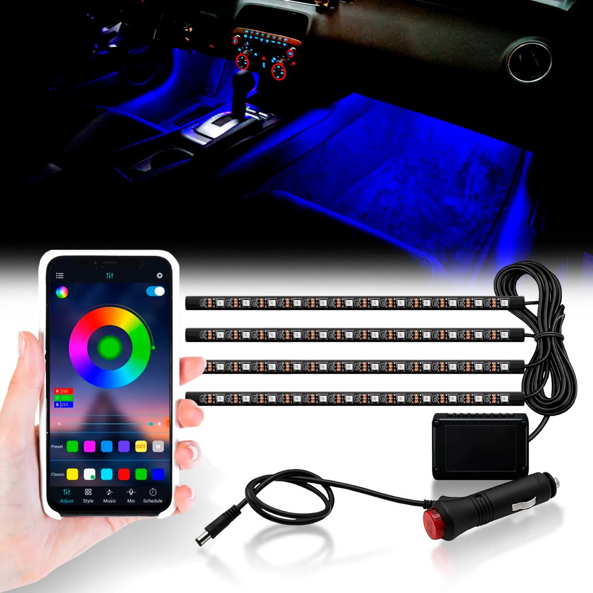 Luz ambiente LED RGB instalada no interior do carro